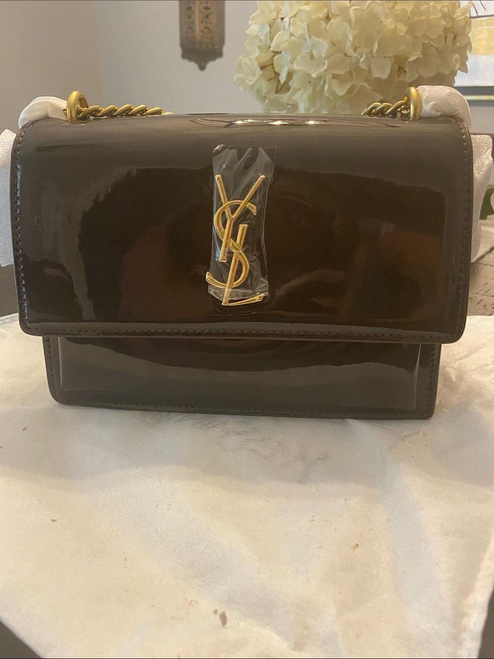 Patent Leather Shoulder Bag with Gold Logo Hardware - Dark Brown